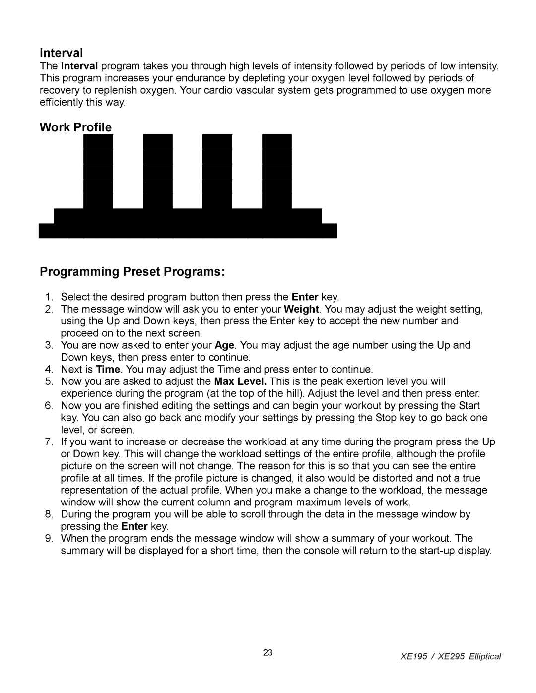 Spirit XE 295, XE 195 owner manual Interval, Work Profile Programming Preset Programs 