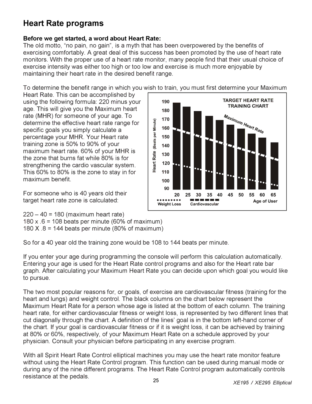 Spirit XE 295, XE 195 owner manual Heart Rate programs 
