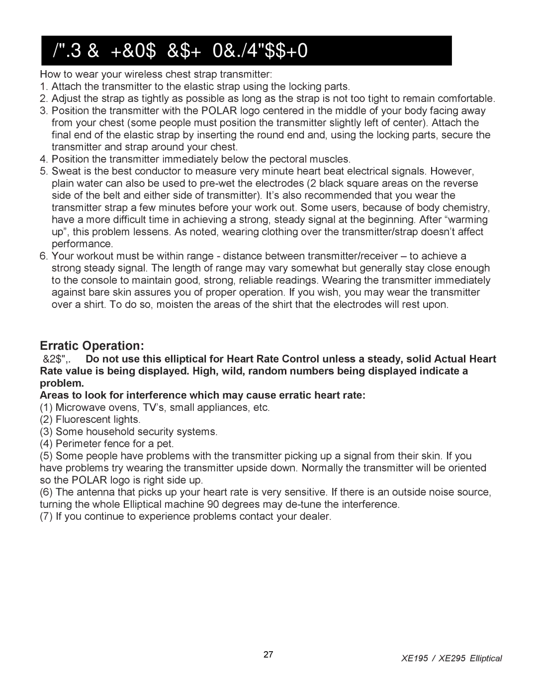 Spirit XE 295, XE 195 owner manual Using a Heart Rate Transmitter, Erratic Operation 