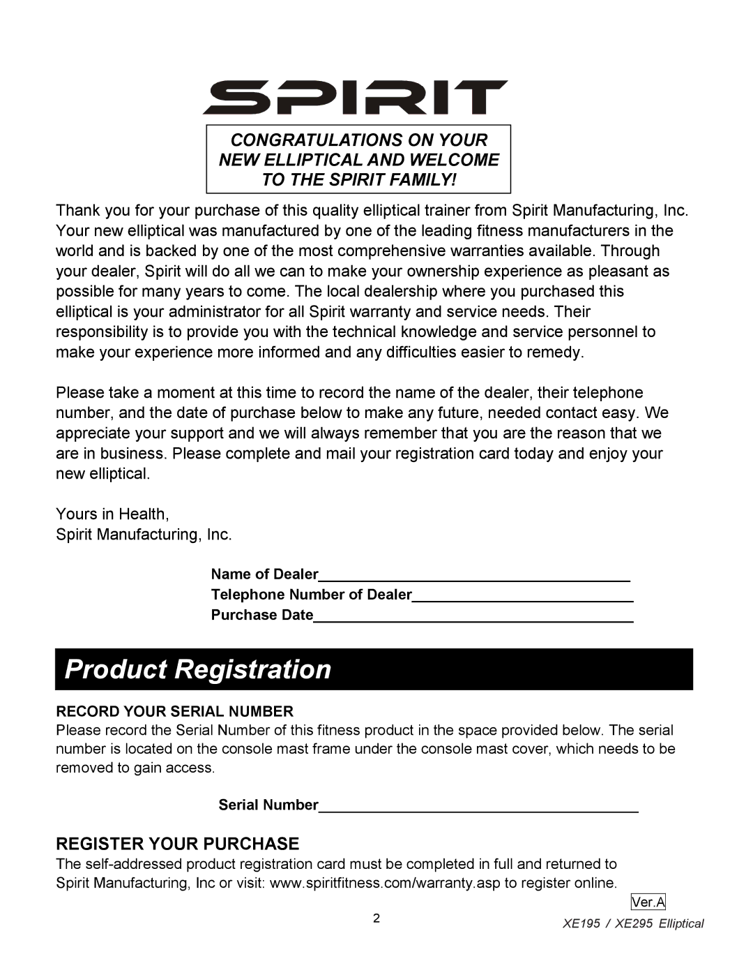 Spirit XE 195, XE 295 owner manual Product Registration, Record Your Serial Number 