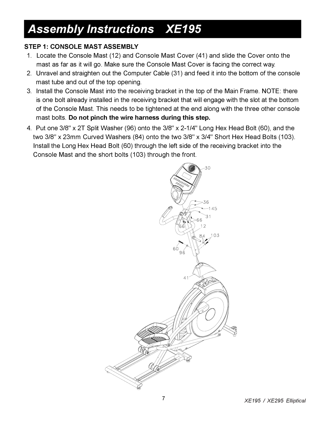 Spirit XE 295, XE 195 owner manual Assembly Instructions XE195, Console Mast Assembly 