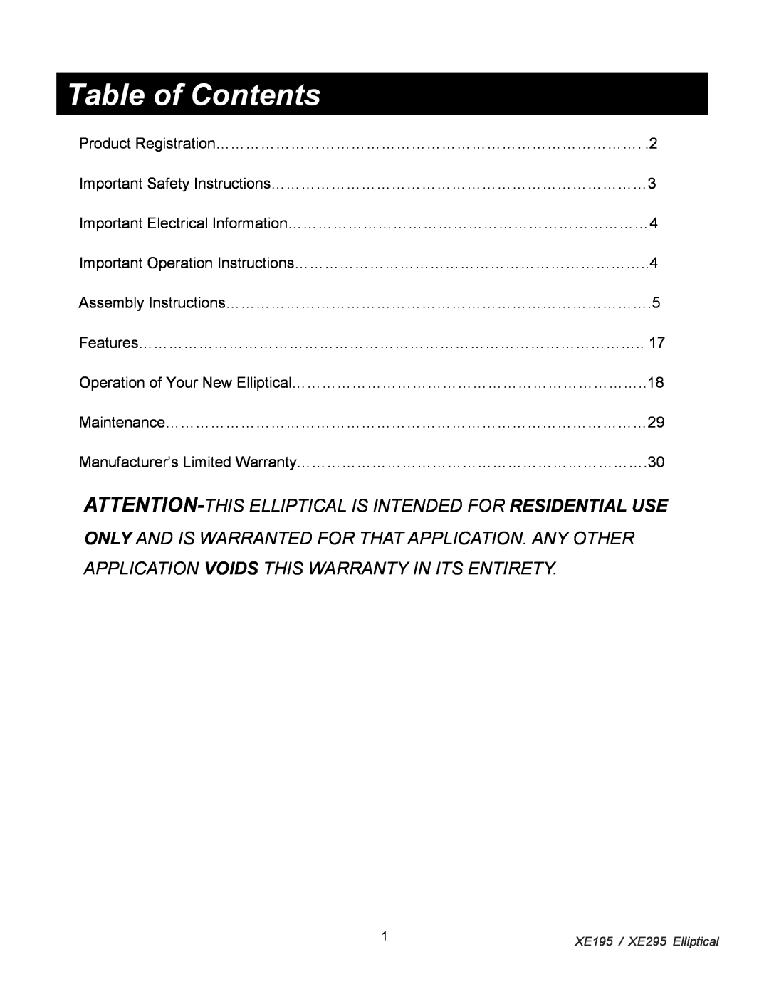 Spirit XE 295, XE 195 owner manual Table of Contents 