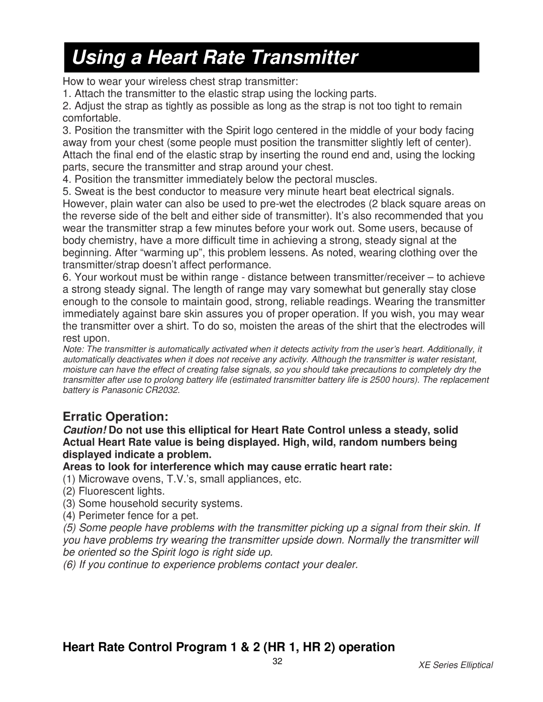 Spirit XE150, 350, 550 owner manual Using a Heart Rate Transmitter, Heart Rate Control Program 1 & 2 HR 1, HR 2 operation 