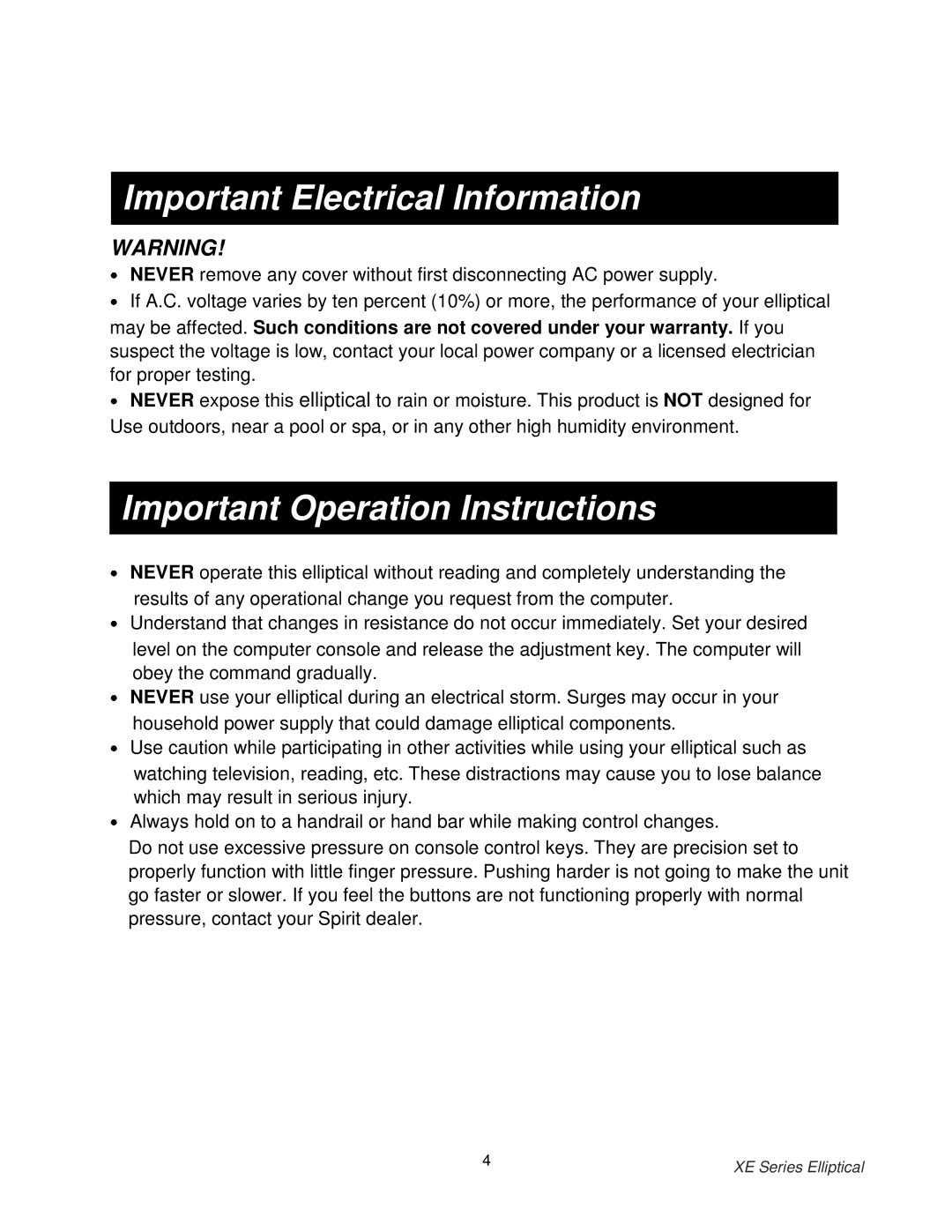 Spirit 550, XE150, 350 owner manual Important Electrical Information, Important Operation Instructions 