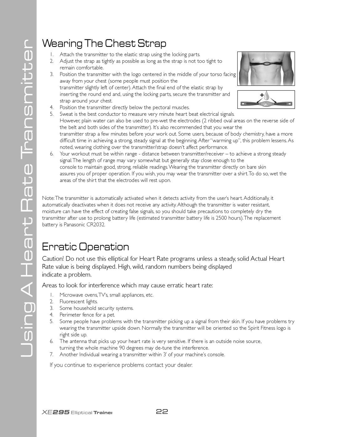 Spirit XE295 owner manual Using a Heart Rate Transmitter, Wearing The Chest Strap, Erratic Operation 