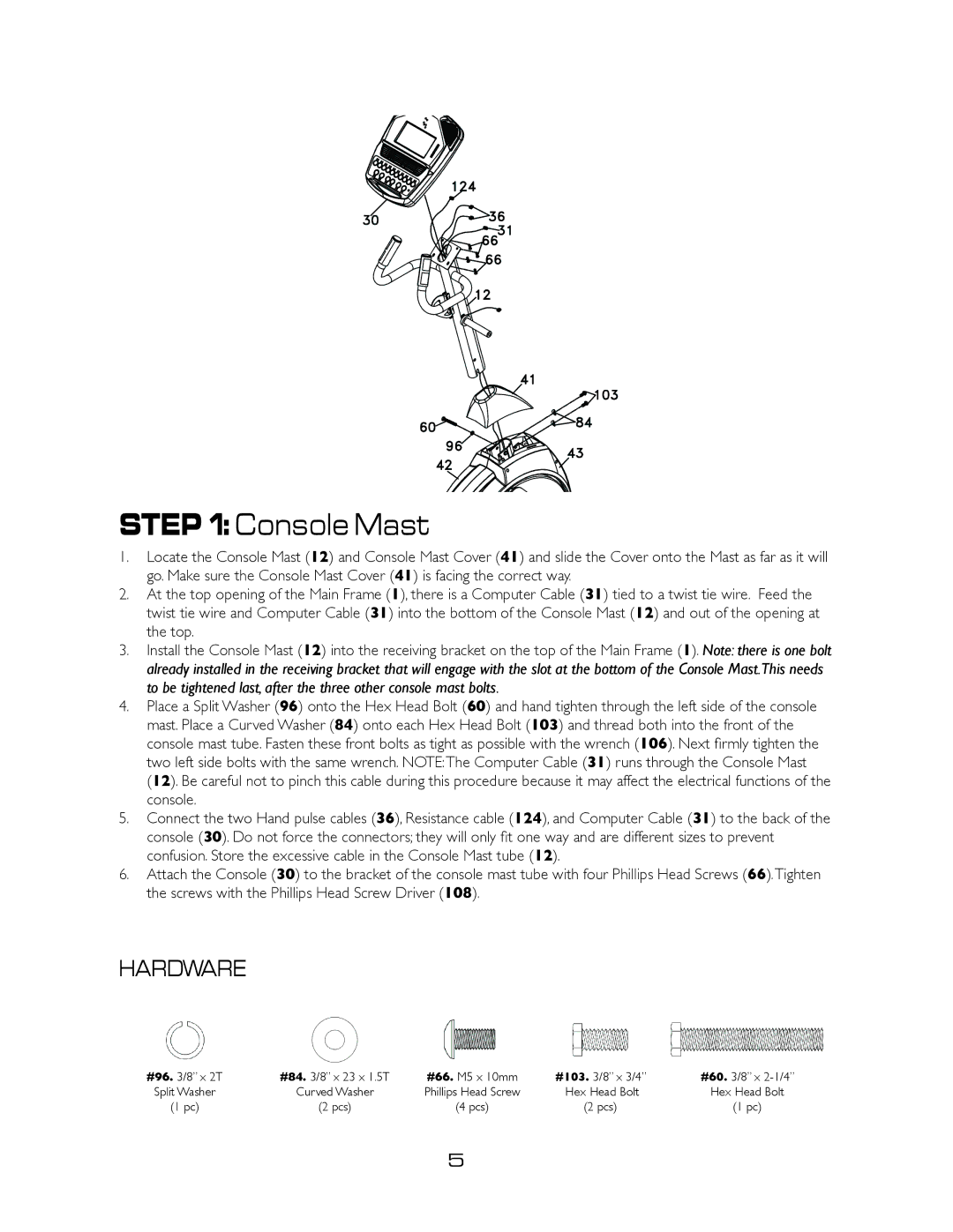 Spirit XE295 owner manual Console Mast, Hardware 