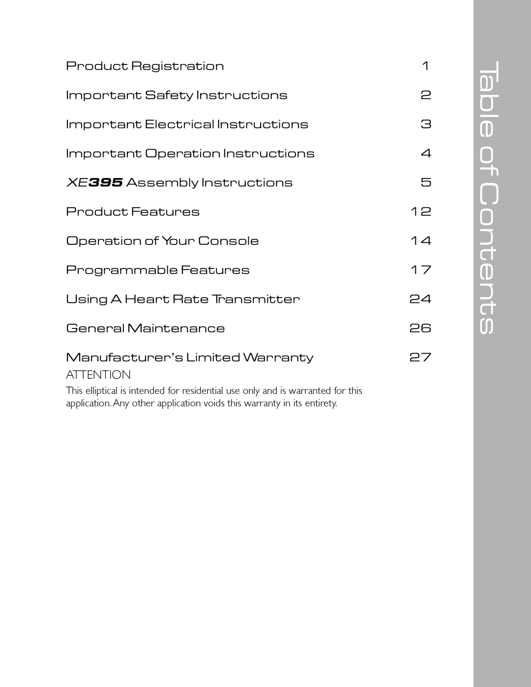 Spirit XE395 owner manual Table of Contents 