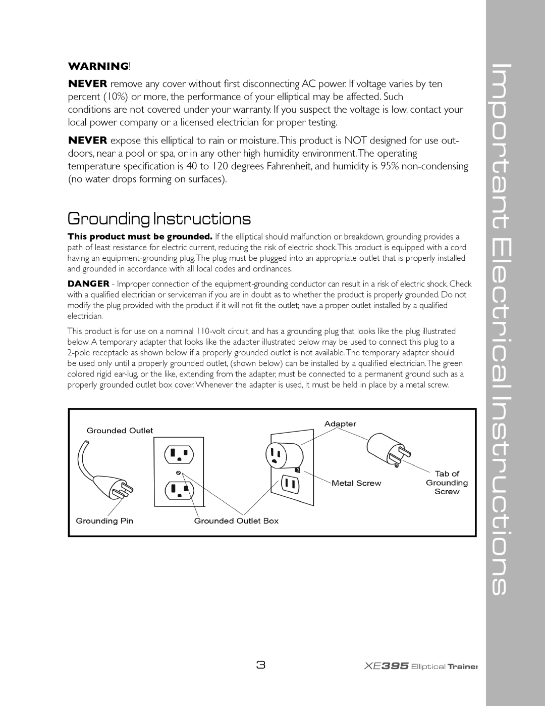 Spirit XE395 owner manual Important Electrical Instructions, Grounding Instructions 