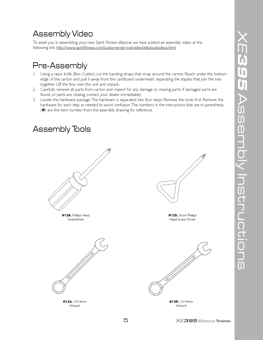 Spirit XE395 owner manual Assembly Instructions, Assembly Video Pre-Assembly, Assembly Tools 