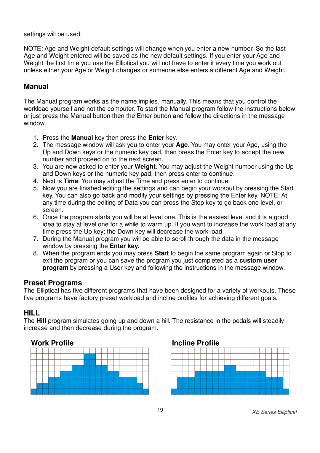 Spirit XE400 owner manual Manual, Preset Programs, Work Profile Incline Profile 