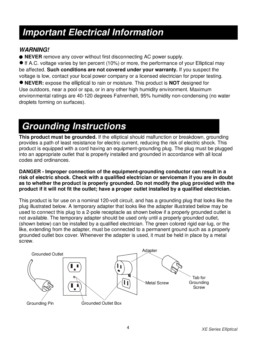 Spirit XE400 owner manual Important Electrical Information, Grounding Instructions 