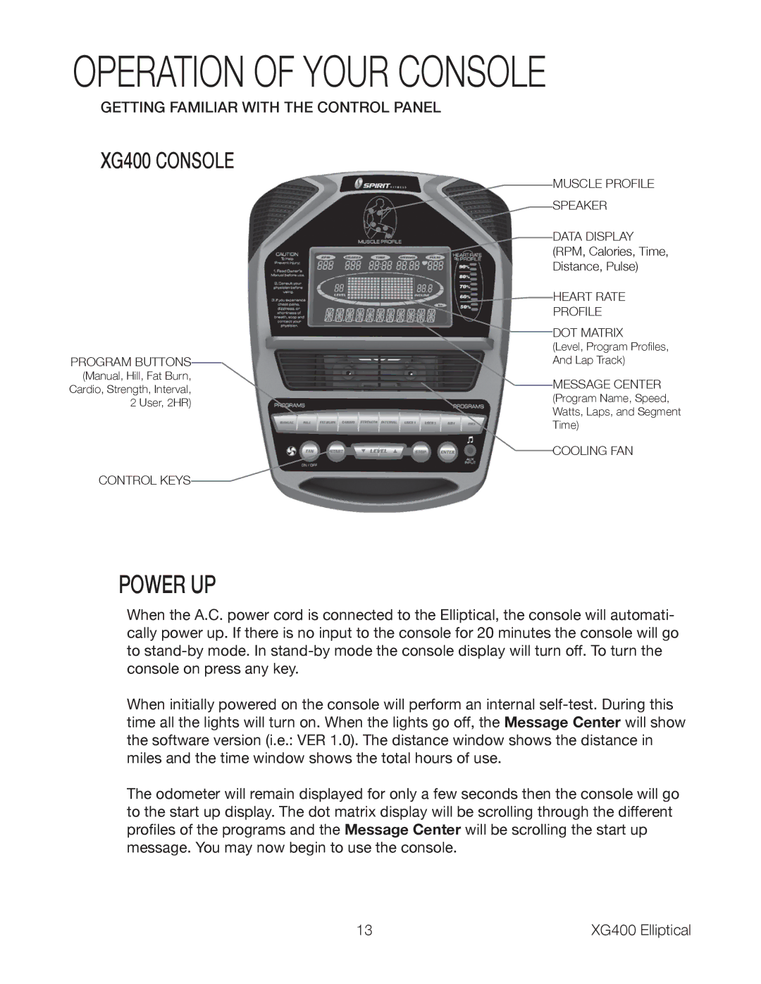 Spirit XG400 owner manual Operation of Your Console, Power UP 