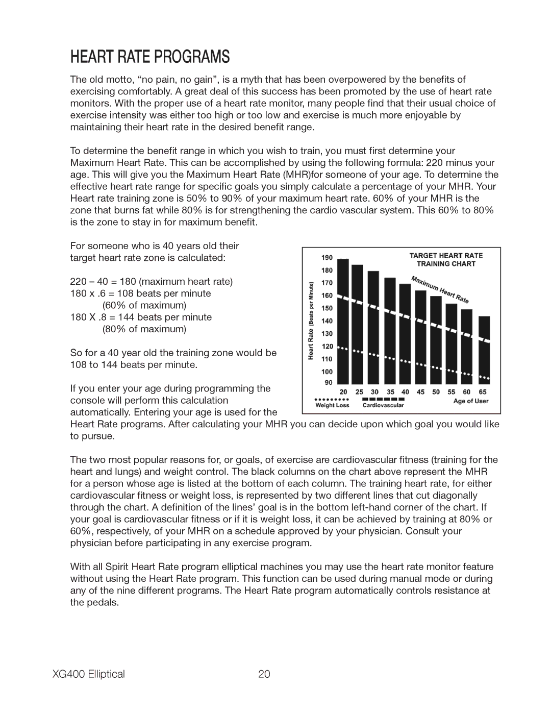 Spirit XG400 owner manual Heart Rate Programs 