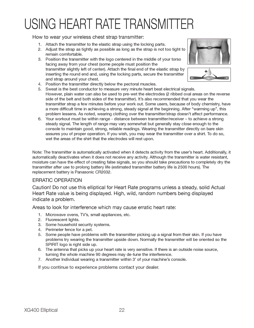 Spirit XG400 owner manual Using Heart Rate Transmitter 