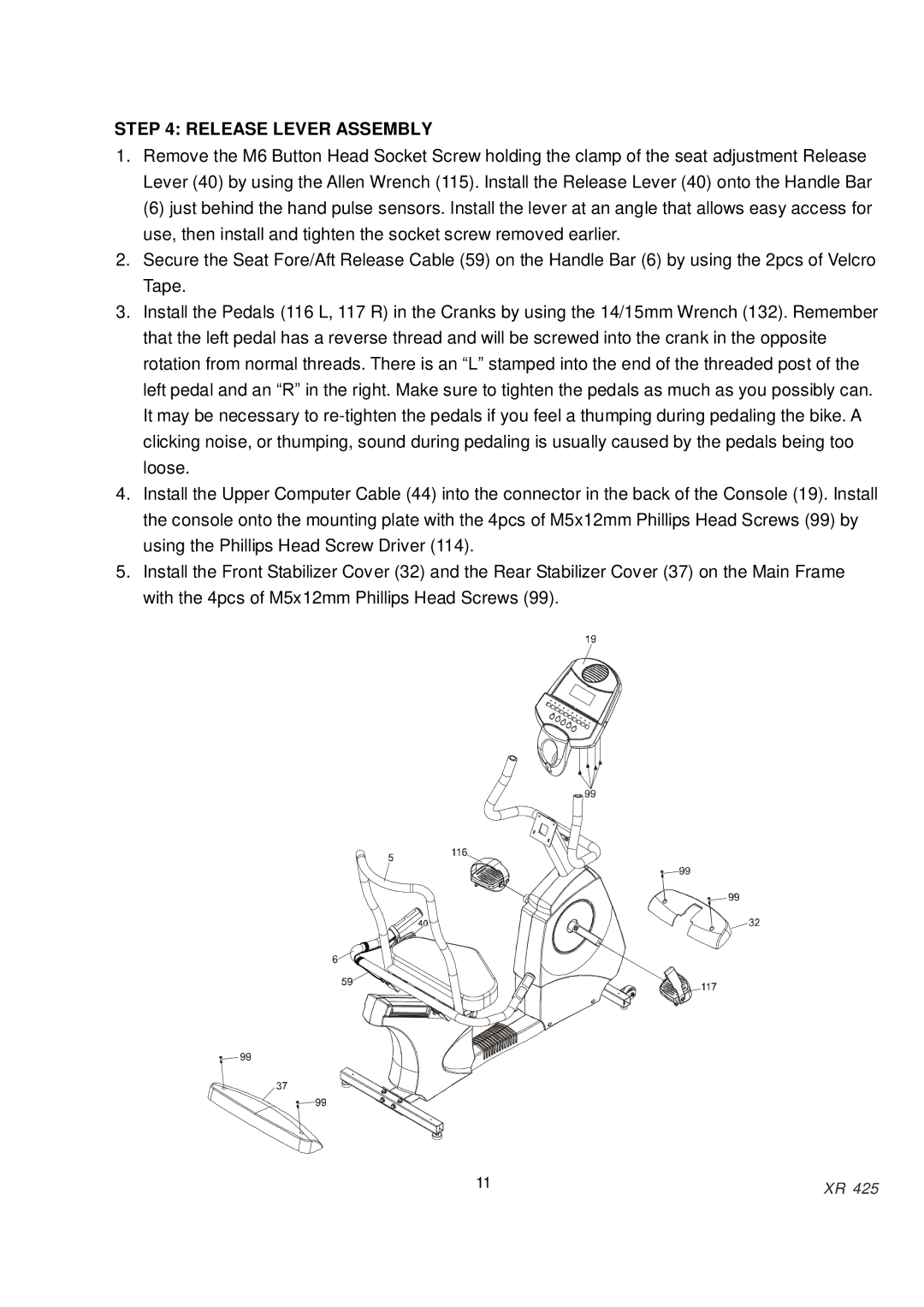 Spirit XR425 owner manual Release Lever Assembly 