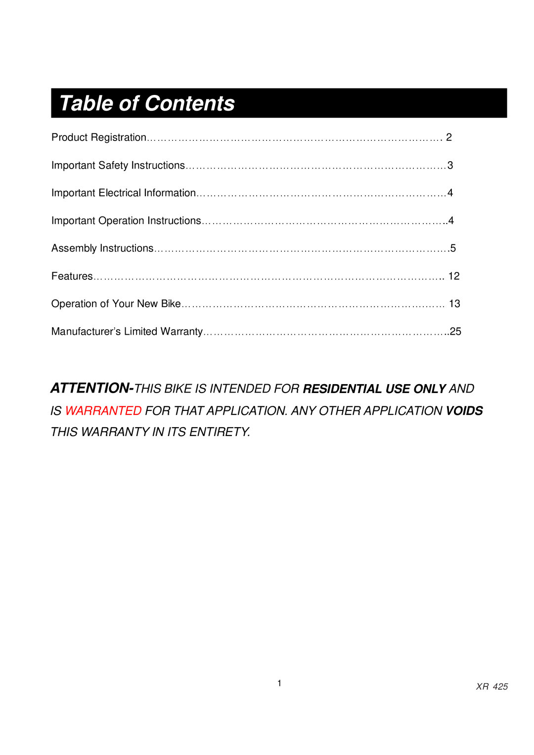 Spirit XR425 owner manual Table of Contents 