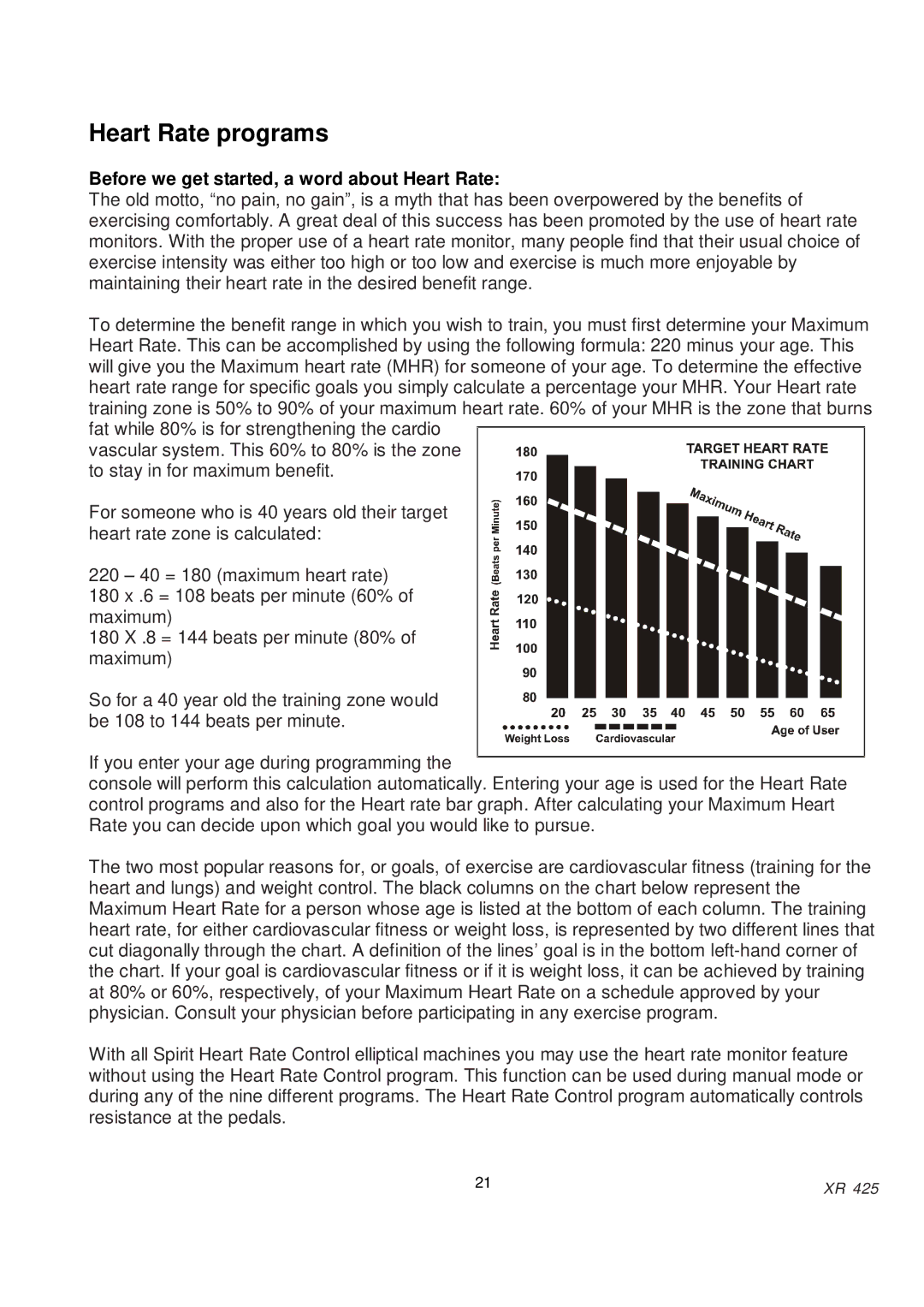 Spirit XR425 owner manual Heart Rate programs 