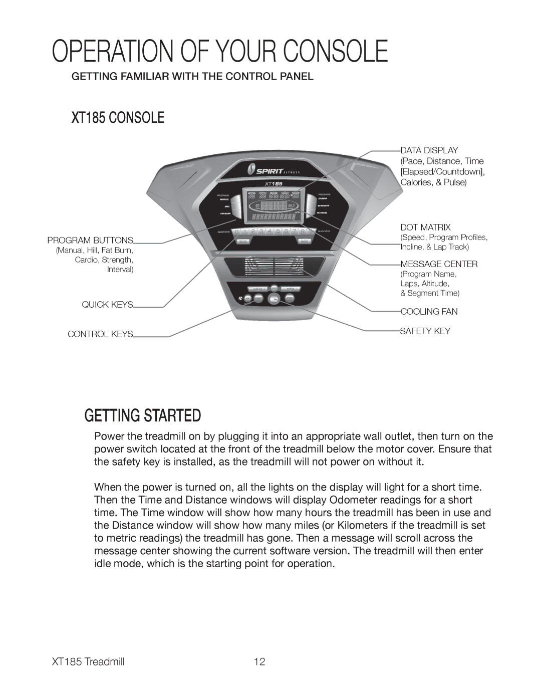 Spirit XT185 owner manual Operation of Your Console, Getting Started 