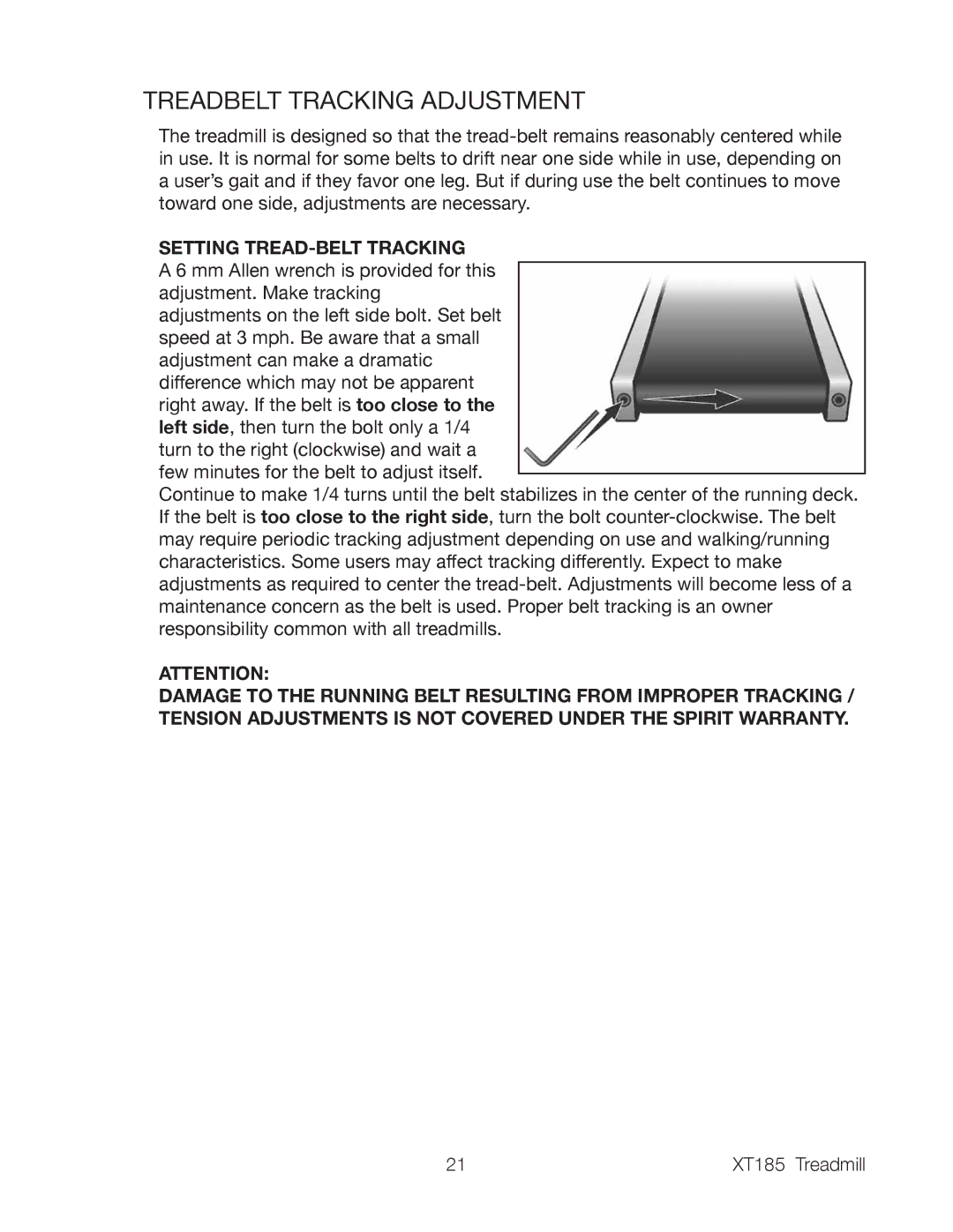 Spirit XT185 owner manual Treadbelt Tracking Adjustment 