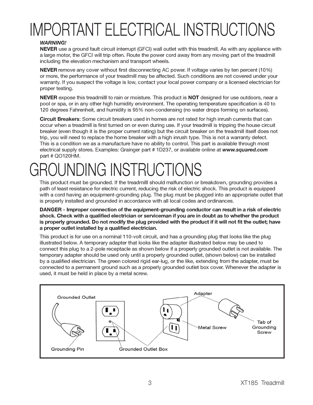 Spirit XT185 owner manual Grounding Instructions, Important Electrical Instructions 