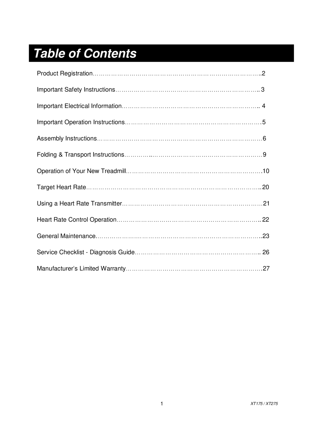 Spirit XT2751, XT175 owner manual Table of Contents 