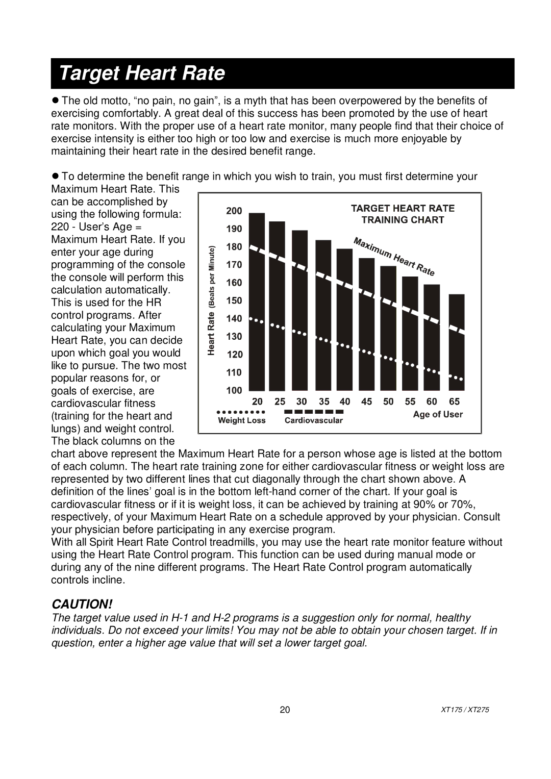 Spirit XT175, XT2751 owner manual Target Heart Rate 