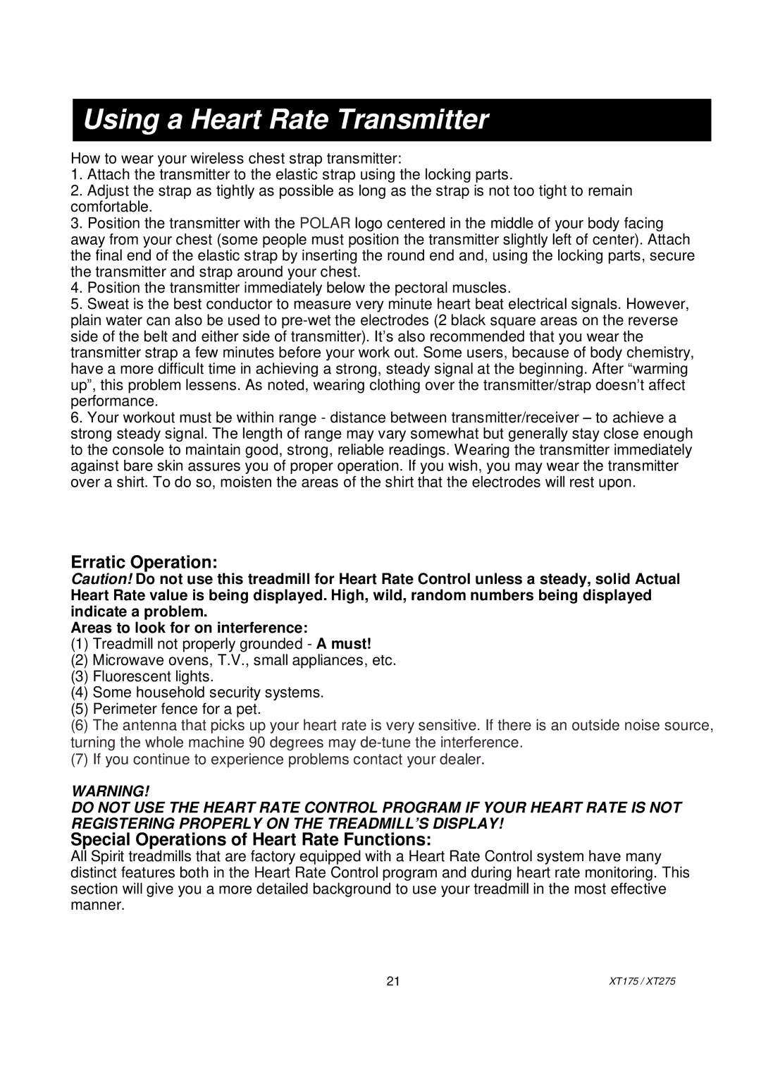 Spirit XT2751, XT175 Using a Heart Rate Transmitter, Erratic Operation, Special Operations of Heart Rate Functions 