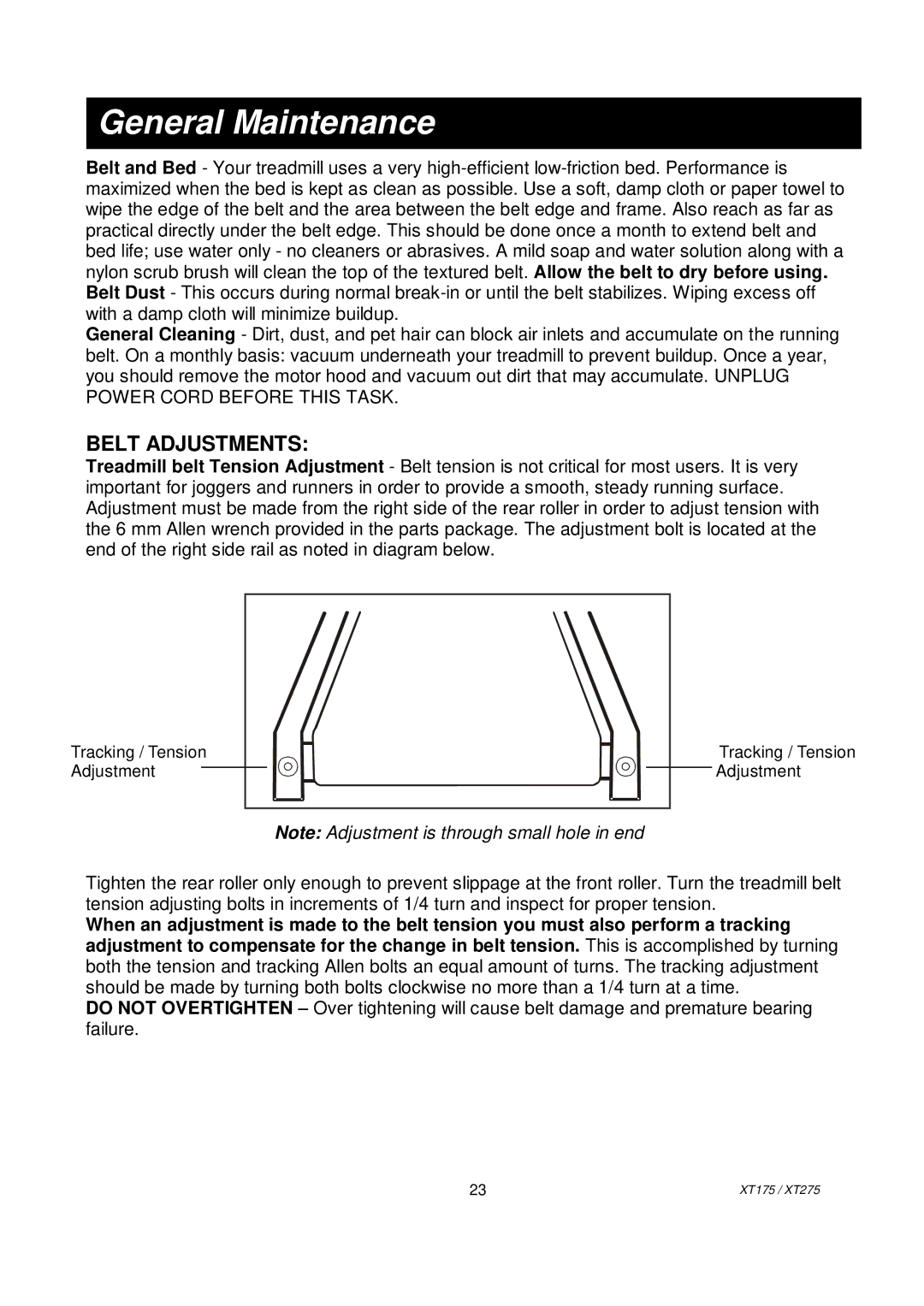 Spirit XT2751, XT175 owner manual General Maintenance, Belt Adjustments 