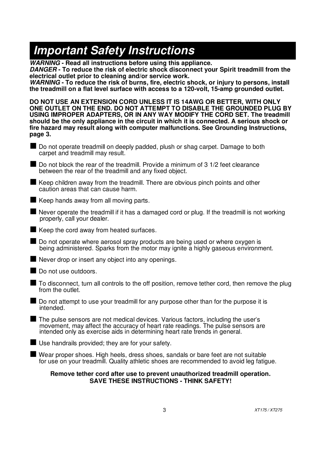 Spirit XT2751, XT175 owner manual Important Safety Instructions 