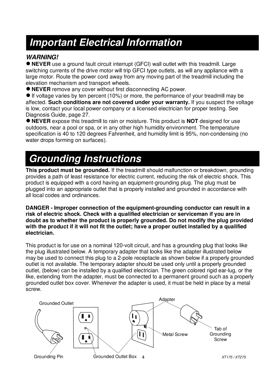 Spirit XT175, XT2751 owner manual Important Electrical Information, Grounding Instructions 