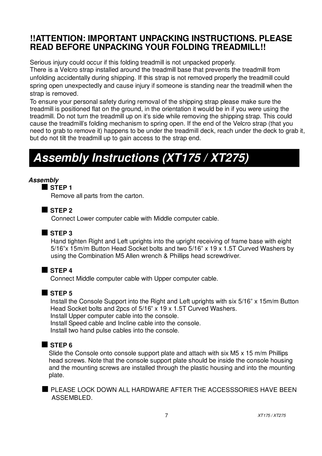 Spirit XT2751 owner manual Assembly Instructions XT175 / XT275 