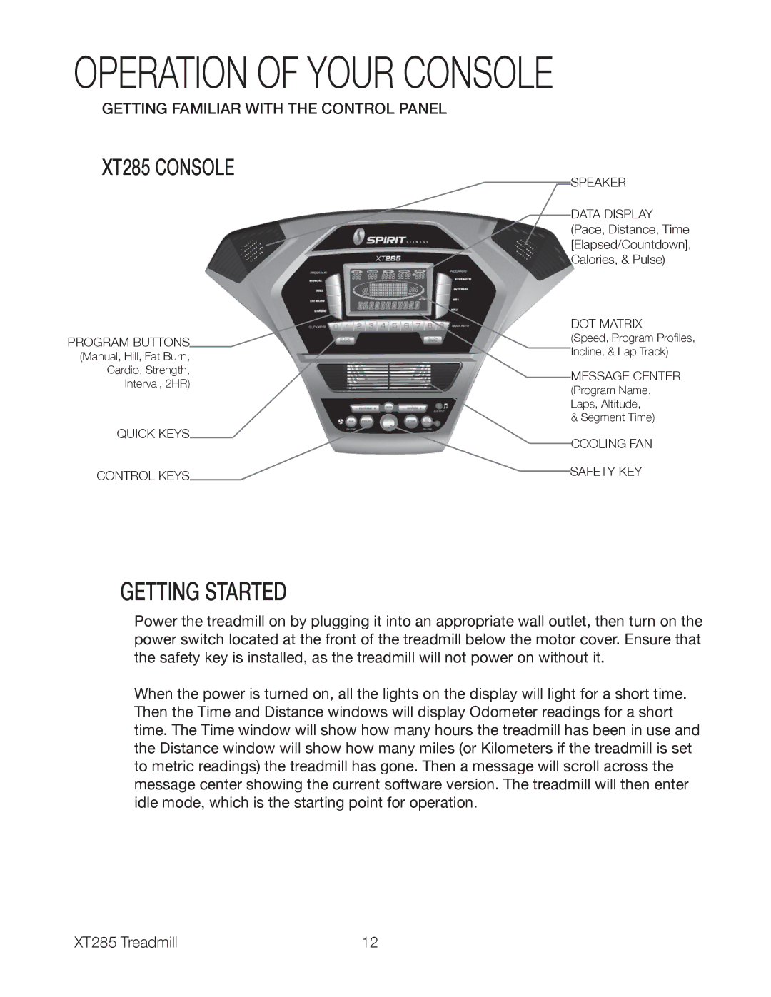 Spirit XT285 owner manual Operation of Your Console, Getting Started 