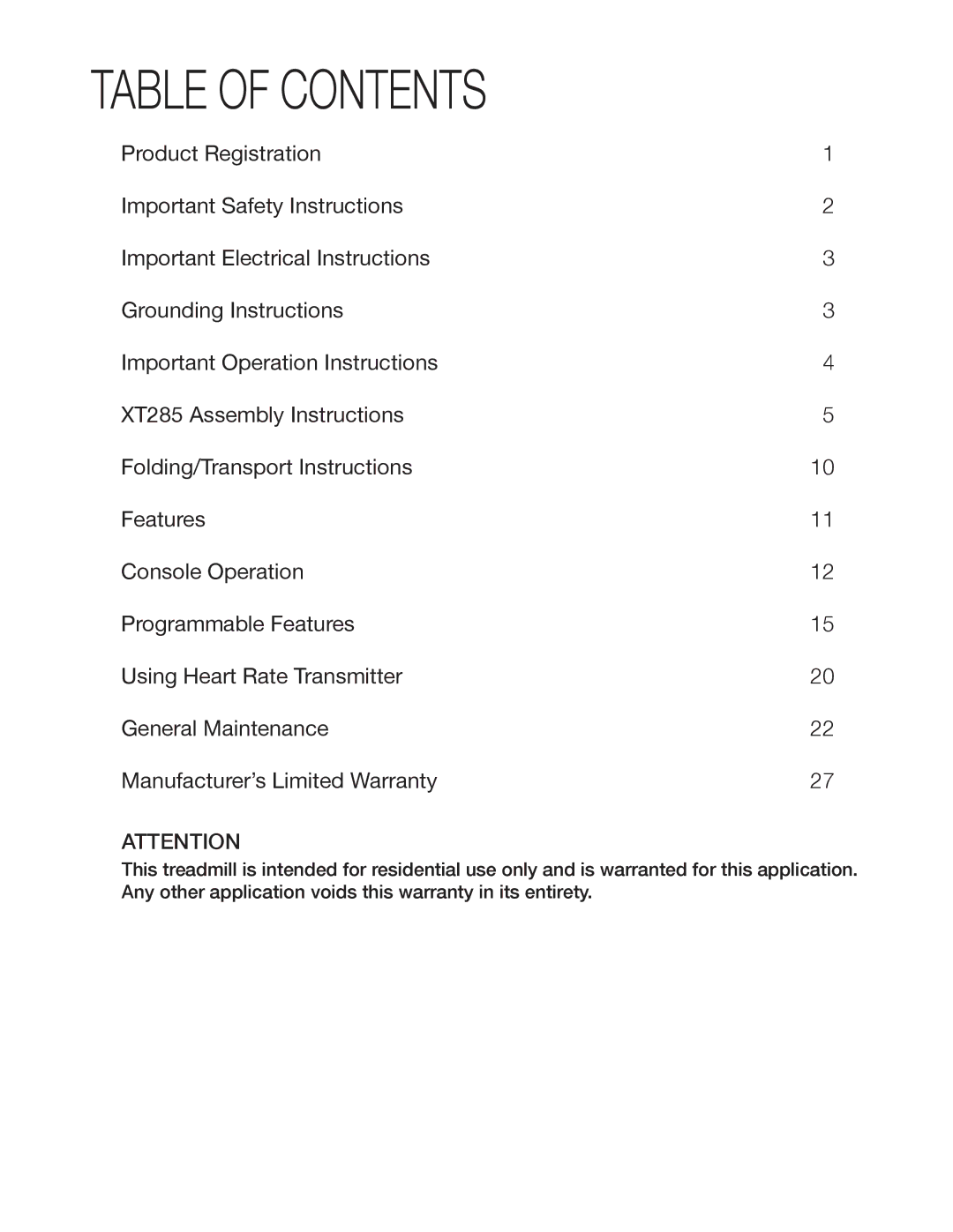 Spirit XT285 owner manual Table of Contents 