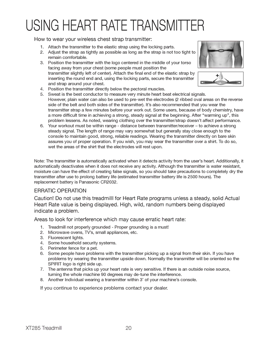 Spirit XT285 owner manual Using Heart Rate Transmitter 