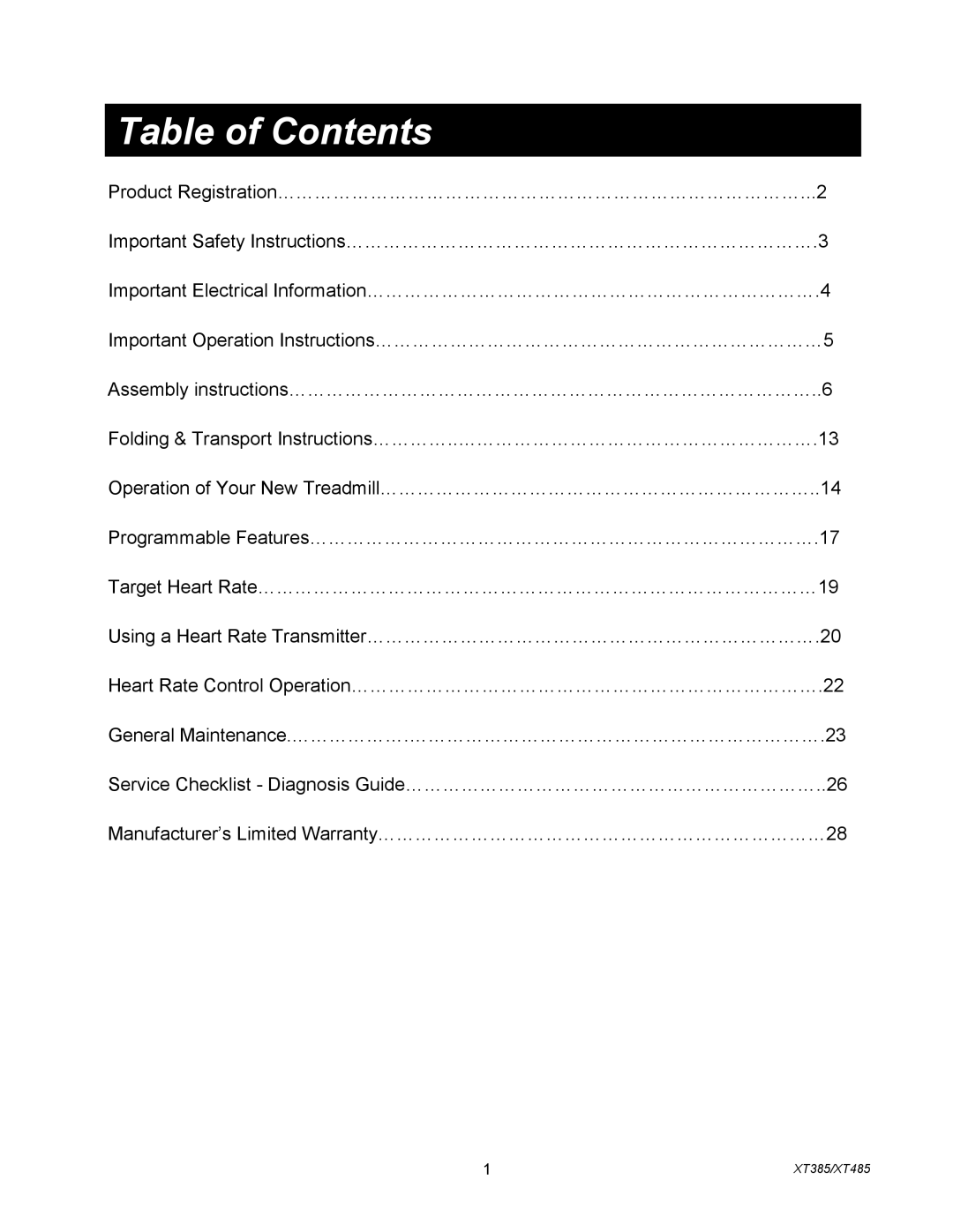 Spirit XT385, XT4851 owner manual Table of Contents 