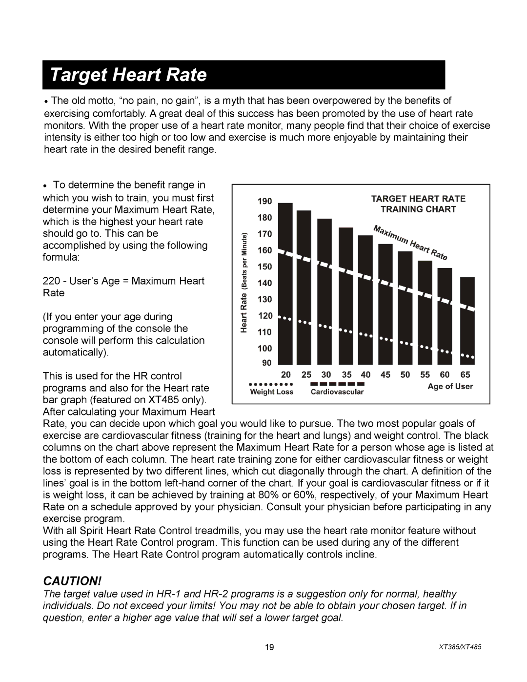 Spirit XT385, XT4851 owner manual Target Heart Rate 