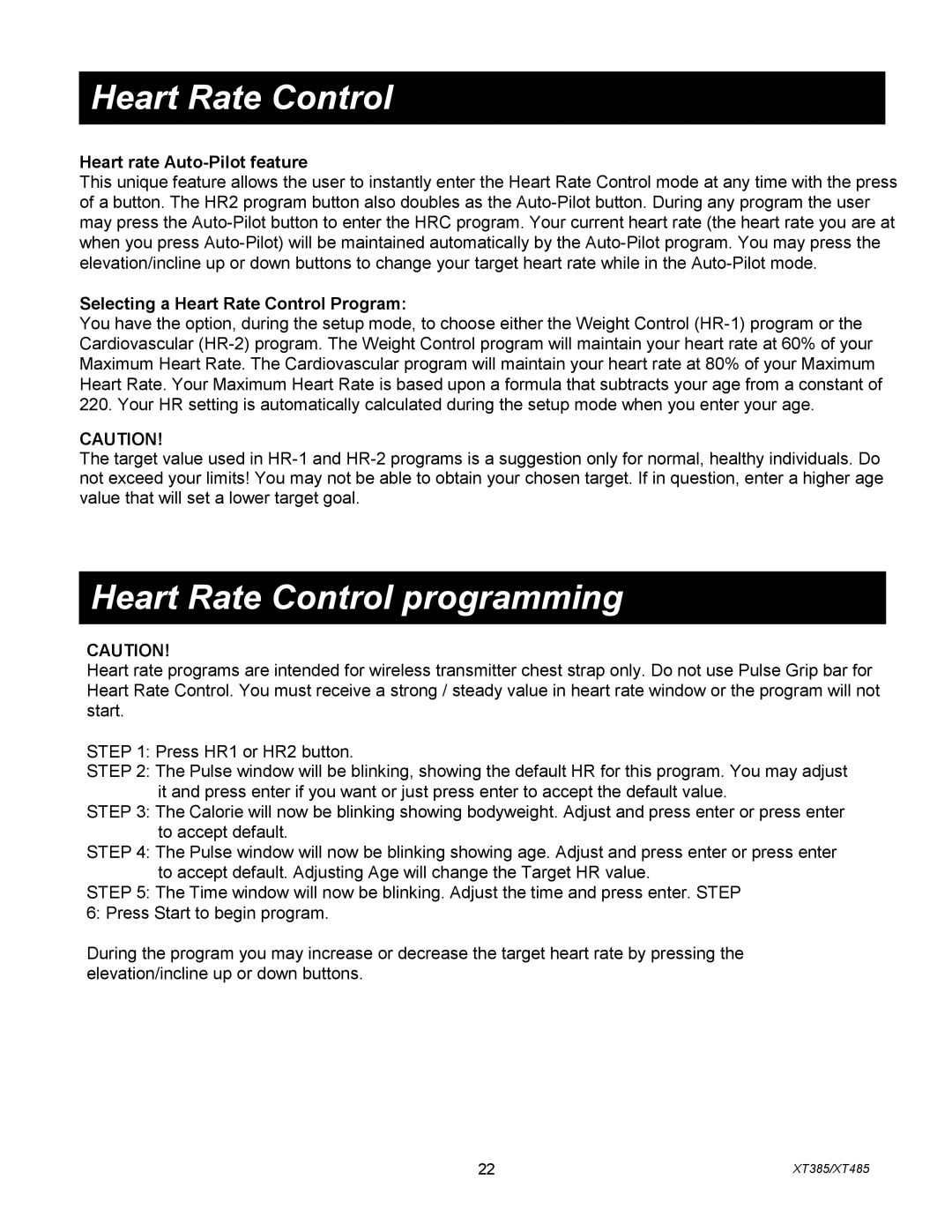 Spirit XT4851, XT385 owner manual Heart Rate Control programming 