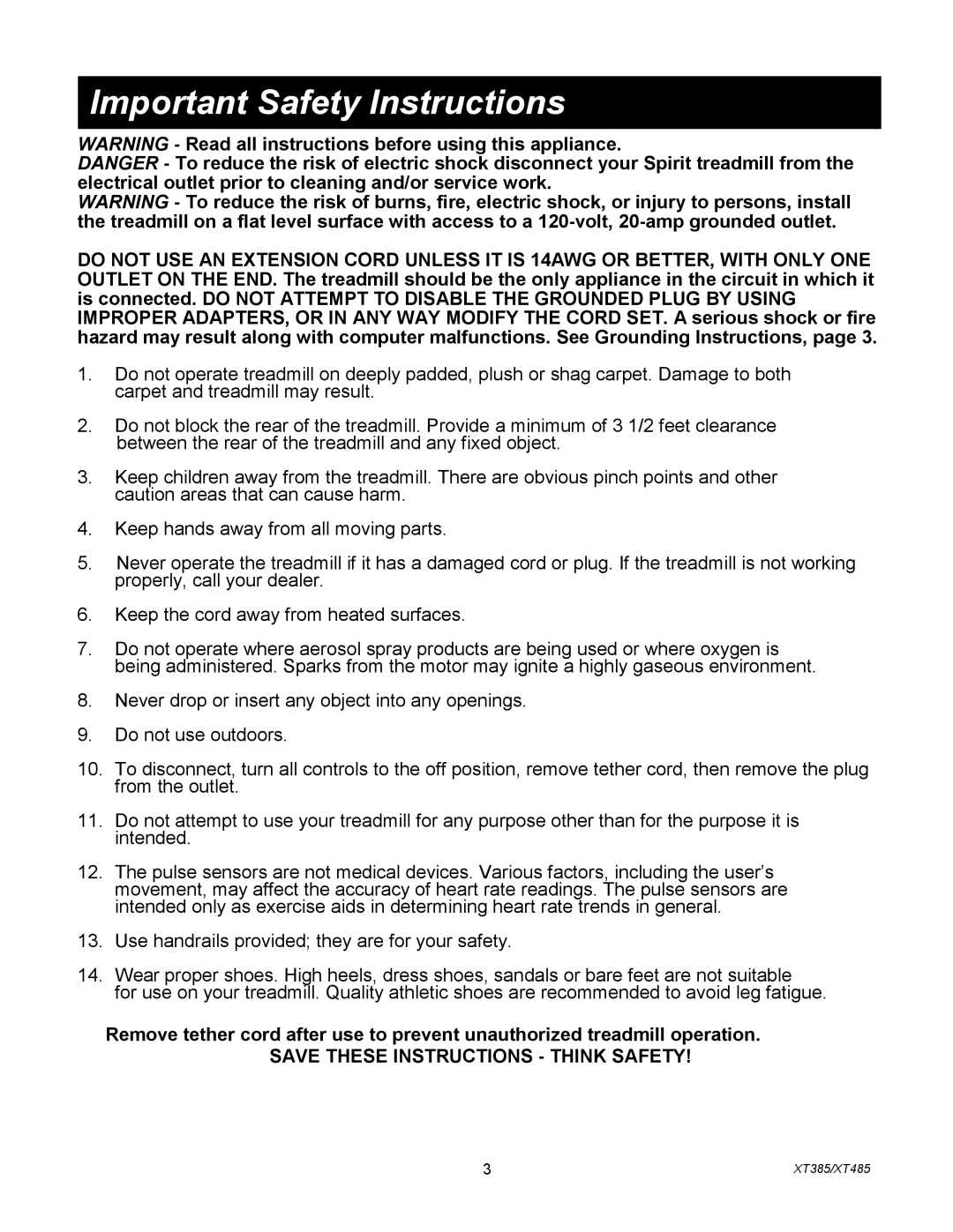 Spirit XT385, XT4851 owner manual Important Safety Instructions 