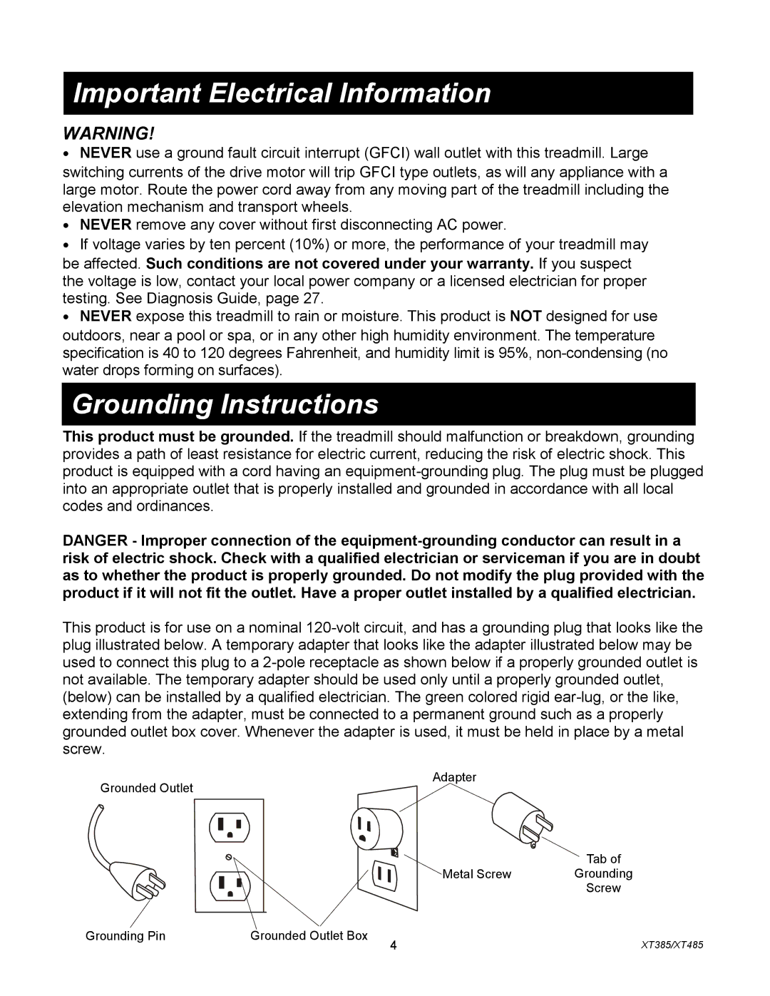 Spirit XT4851, XT385 owner manual Important Electrical Information, Grounding Instructions 