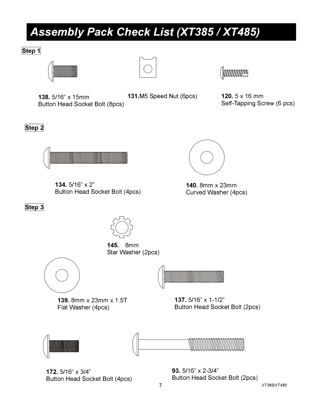 Spirit XT4851 owner manual Assembly Pack Check List XT385 / XT485 