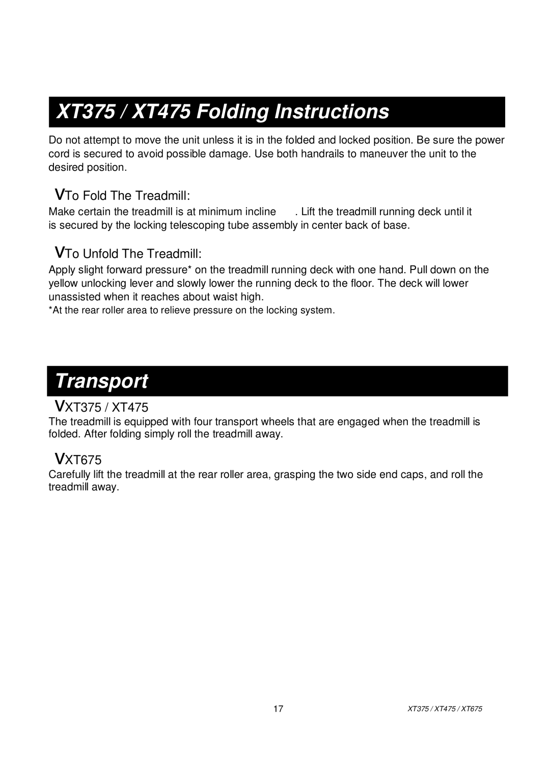 Spirit XT675 owner manual XT375 / XT475 Folding Instructions, Transport 