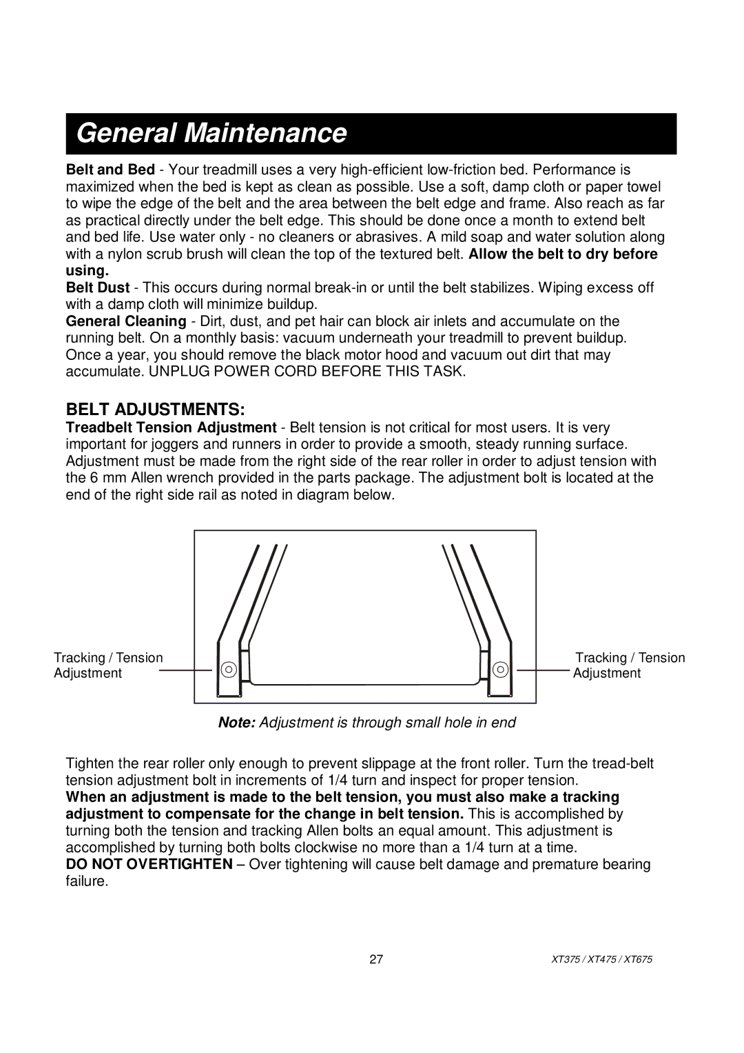 Spirit XT675, XT475, XT375 owner manual General Maintenance, Belt Adjustments 