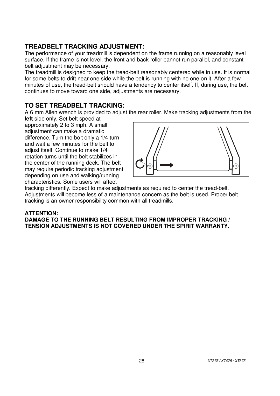 Spirit XT375, XT475, XT675 owner manual Treadbelt Tracking Adjustment 