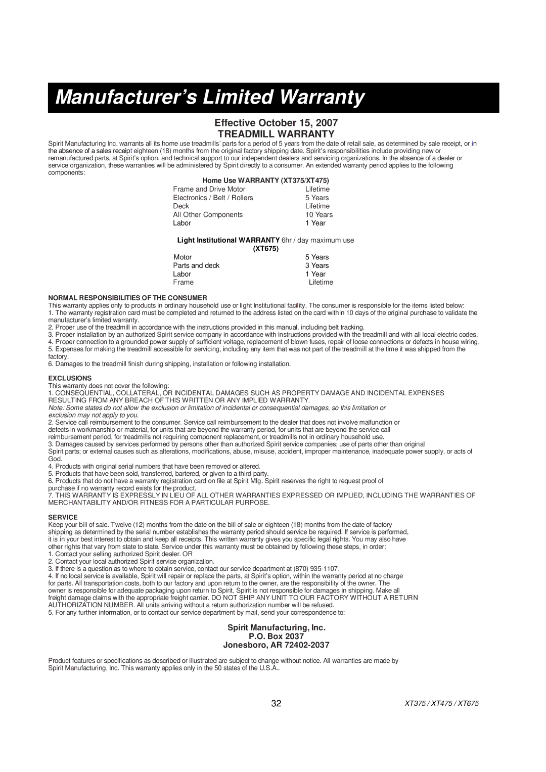 Spirit XT475, XT675, XT375 owner manual Manufacturer’s Limited Warranty, Treadmill Warranty 