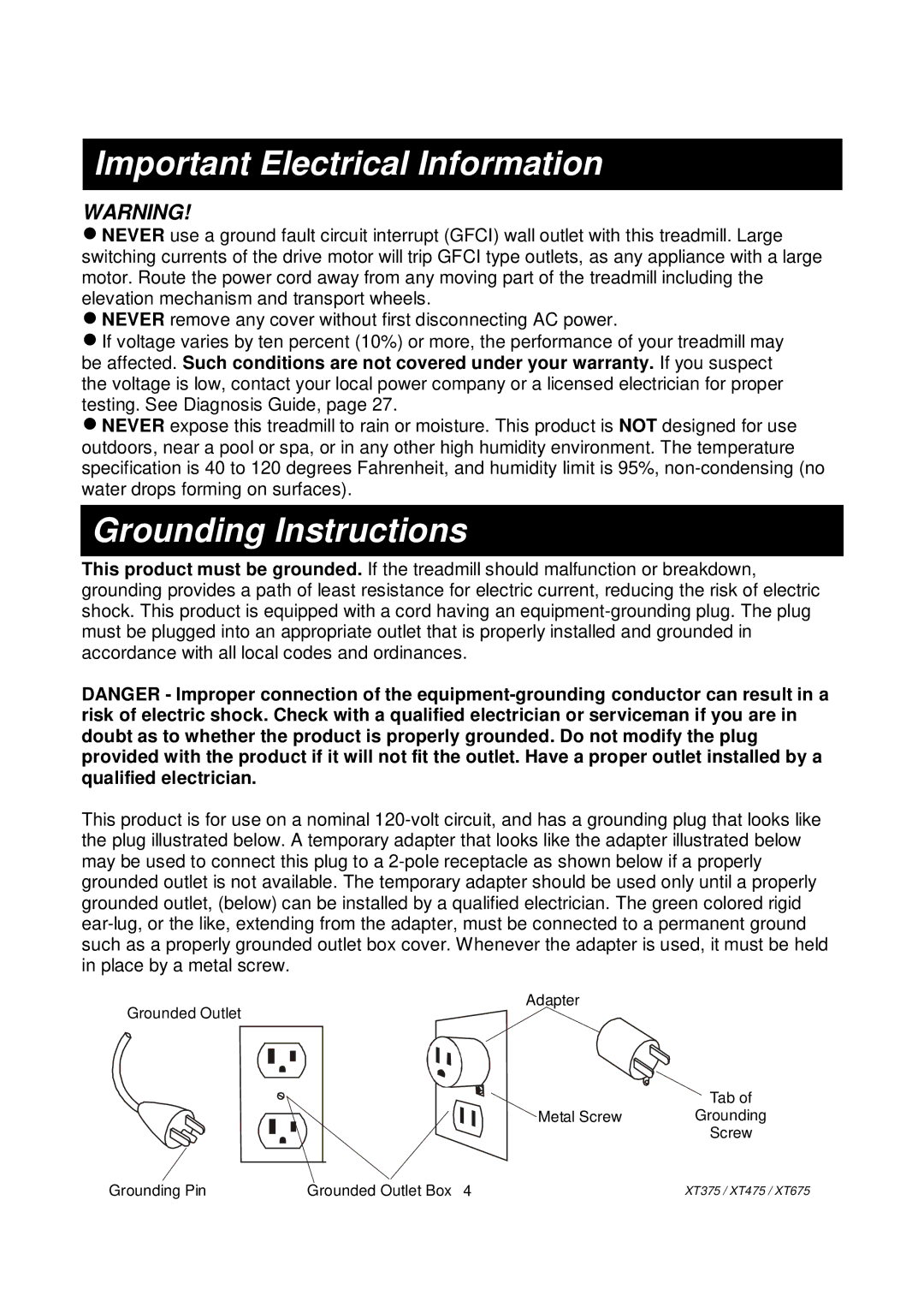 Spirit XT375, XT475, XT675 owner manual Important Electrical Information, Grounding Instructions 