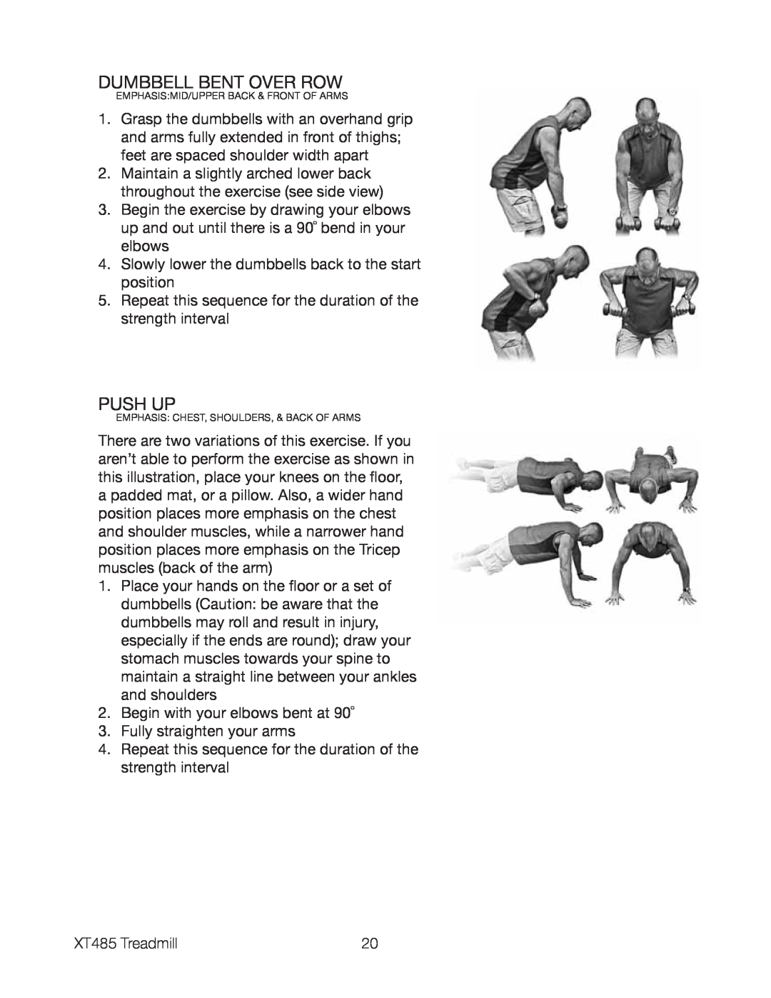 Spirit XT485 owner manual Dumbbell Bent Over Row, Push Up, Emphasismid/Upper Back & Front Of Arms 