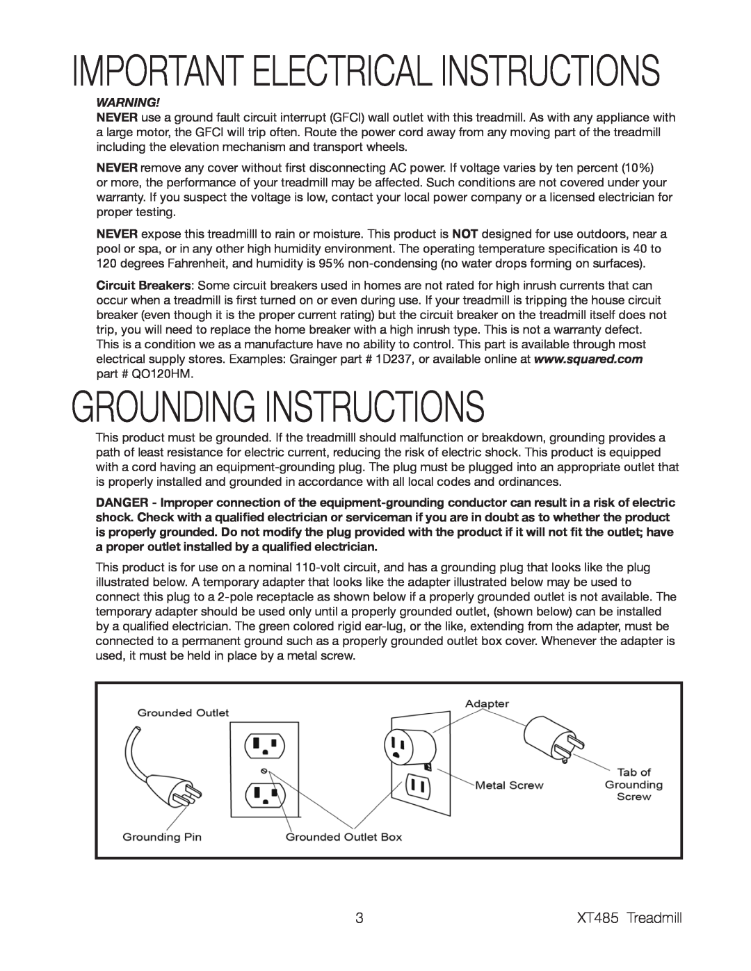 Spirit XT485 owner manual Grounding Instructions, Important Electrical Instructions 