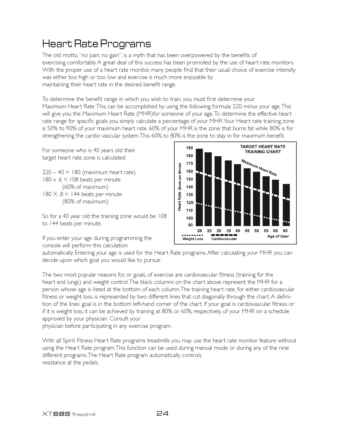 Spirit XT685 owner manual Heart Rate Programs 