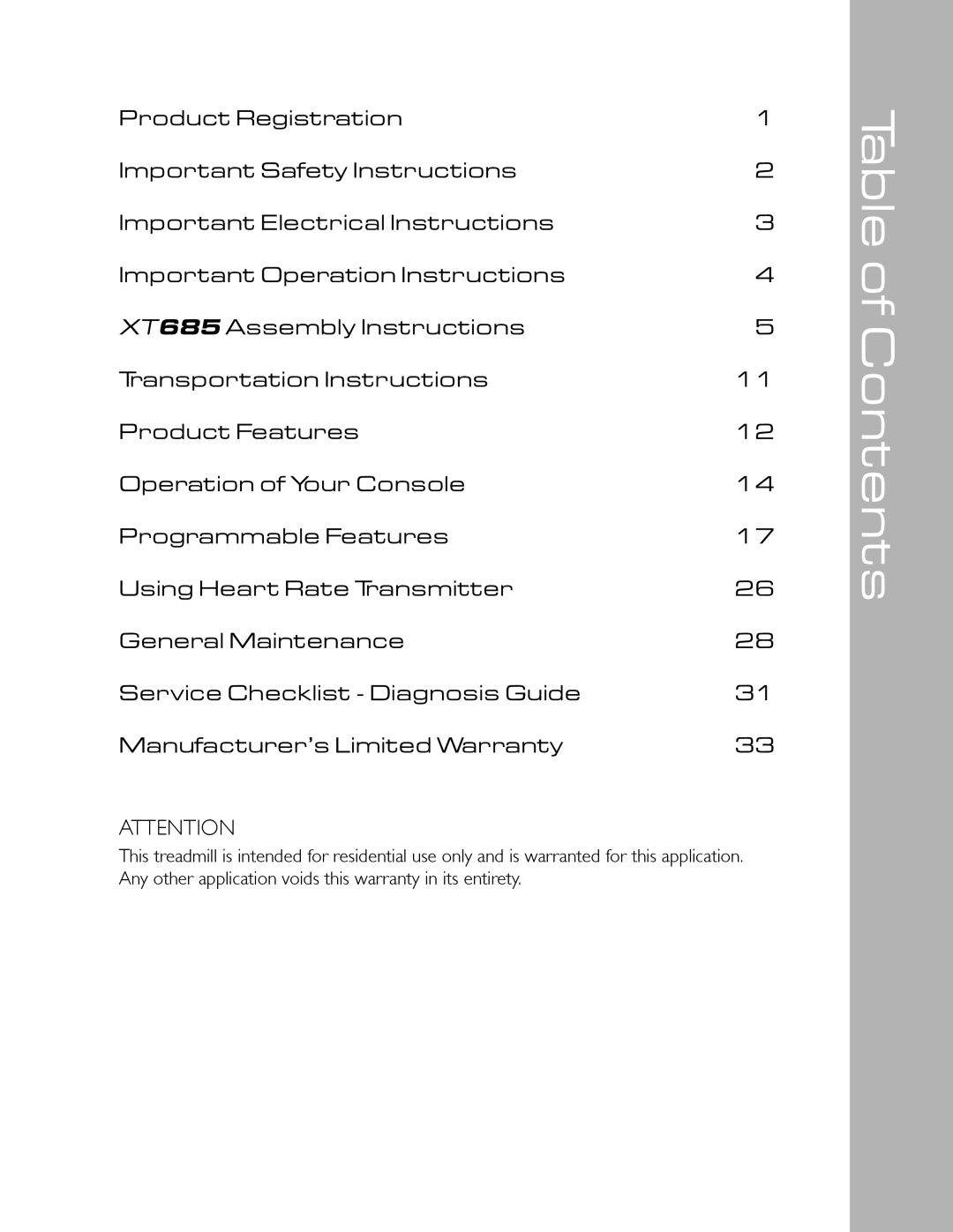 Spirit XT685 owner manual Table of Contents 