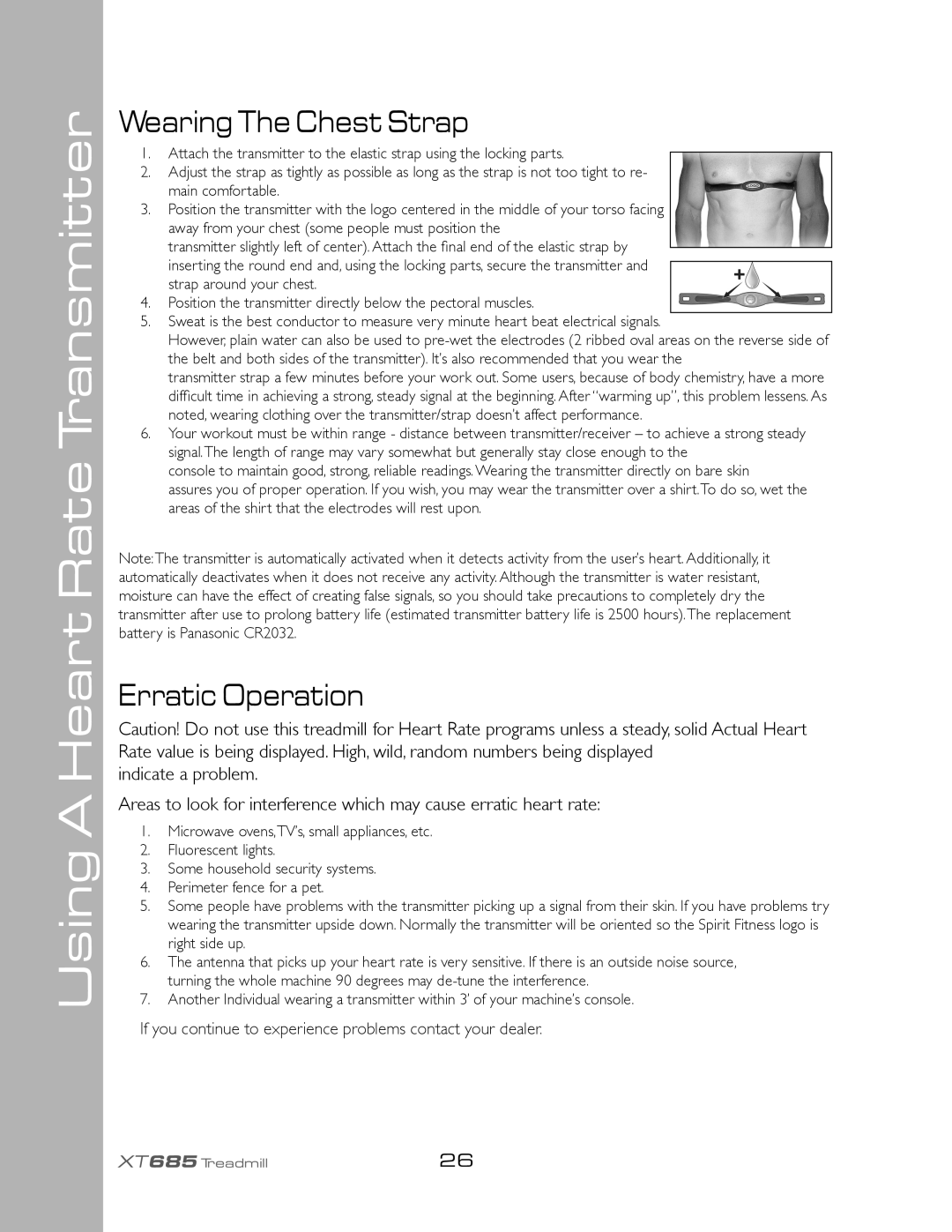 Spirit XT685 owner manual Using a Heart Rate Transmitter, Wearing The Chest Strap, Erratic Operation 